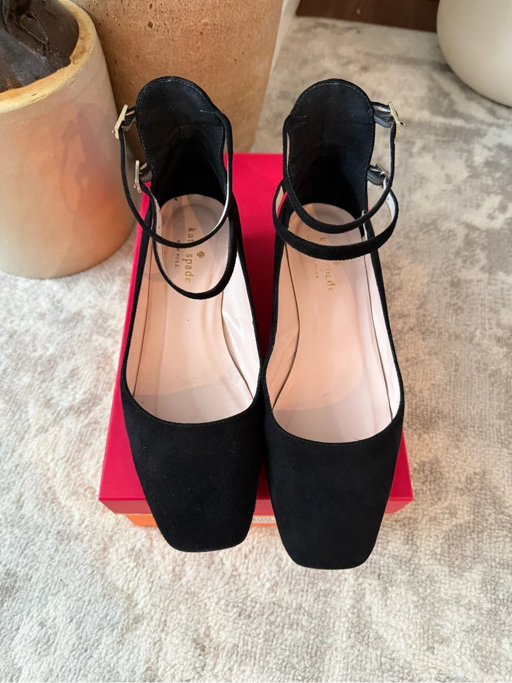 Kate Spade Marcellina Black Suede Ankle-Strap Block Heel with Gold Glitter